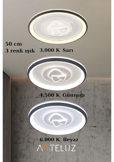 Üçgen Model Modern Plafonyer Avize 50 Cm, 3 Renk Işık Siyah
