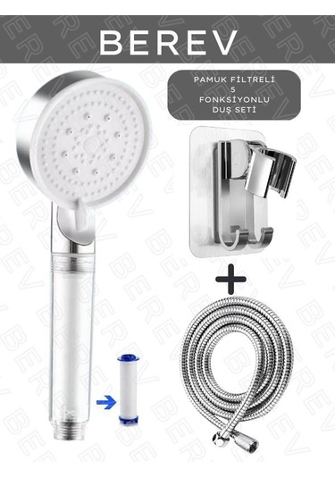 Berev Filtreli 5 Fonksiyonlu Yüksek Basınçlı Ayarlanabilir Duş Başlığı 150 Cm Hortum Yapışkanlı Duş Başlığı Askısı Mafsal Gri