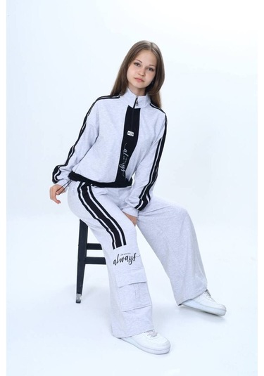 Kız Çocuk 2 İplik Yarım Fermuarlı Garnili Eşofman Takımı %100 Pamuk Rahat Kalıp-325 Gri