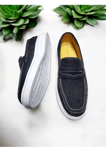Erkek Nubuk Deri Siyah Beyaz Taban Dikişli Rahat Günlük Ayakkabı