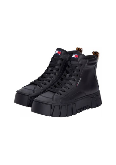 Kadın Leopar Detaylı Platform Tabanlı Bilekli Sneaker - Siyah Triple Black