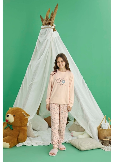 Aydoğan Kız Garson Belur Termal Şeftali Rengi Pijama Takım 0889 Bej