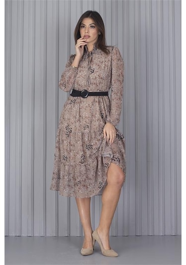 Neşeli Butik Kadın Kemerli Leopar Desenli Yeni Sezon Midi Boy Şifon Elbise Apcx04 Bej