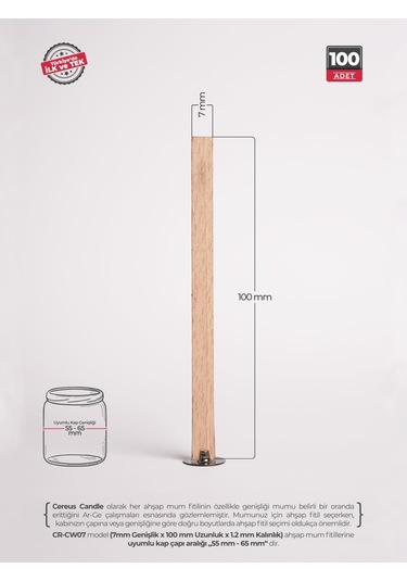 Ahşap Mum Fitili 7 Mm Genişlik Nikel Kaplama Çelik Taban + 3m Köpük Bant, 100 Lü Set Cereus Ahşap