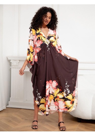 Edolynsa Şık Bohem Kadın Kaftan Kaftan Büyük Beden Ev Elbisesi Yarasa Kol Ev Giyim Mayo Örtüsü Ev Giyim Q1289 Çok Renkli