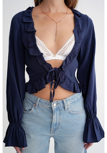 4712 Kadın Volanlı Modal Bolero Bluz Lacivert Lacivert