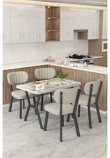 Gnr 70x110cm Sabit Efes Mutfak Masası Takımı, Yemek Masası, 4 Modern Krem Sandalye Krem