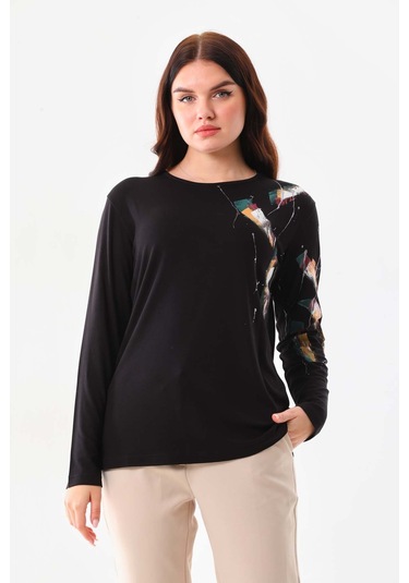 Sistas Kadın Desenli Bisiklet Yaka Uzun Kol Bluz 23598 Siyah