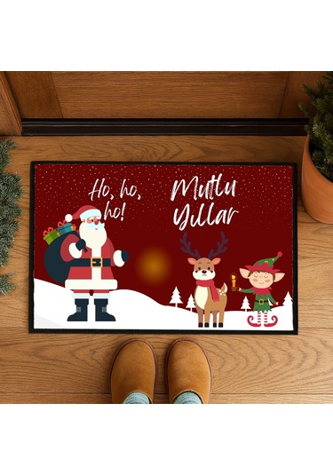 Mutlu Yıllar Geyik Elf Noel Baba Kapı Önü Paspası 60x40 Cm Paspas Çok Renkli