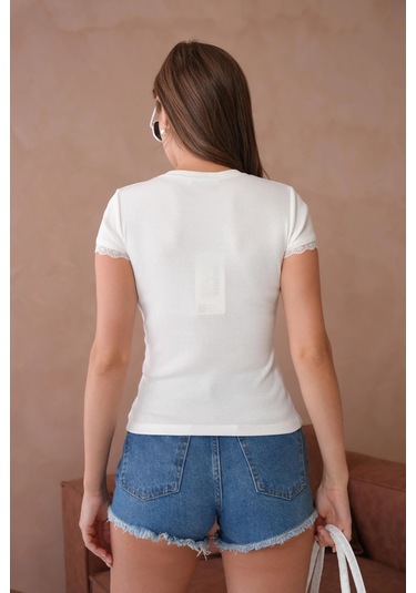 Dantel Detaylı Örme Body Bluz Ekru