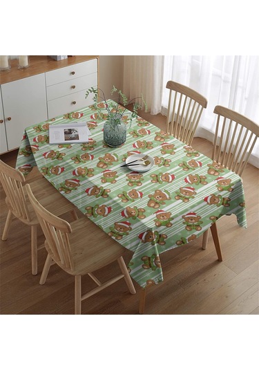 Noel Desenli Dikdörtgen Masa Örtüsü 60x84 İnç, Su Geçirmez Ve Leke Tutmaz Noel Ayı Çizgili