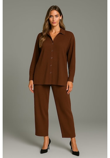 Bürümcük Gömlek Yaka Düğmeli Alt Üst Takım Tesettüre Uygun 2xl 6xl Kahverengi