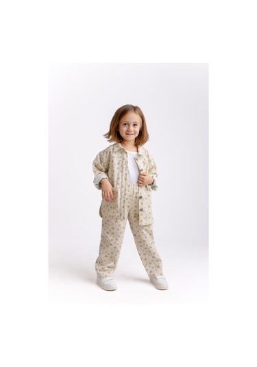 Çiçek Gabardin Kız Çocuk Pantolon Ekru