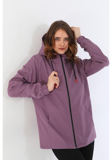 Kadın Astarlı Su Geçirmez Ve Rüzgara Dayanıklı Kapüşonlu Iç Cepli Yağmurluk - Rüzgarlık Mürdüm