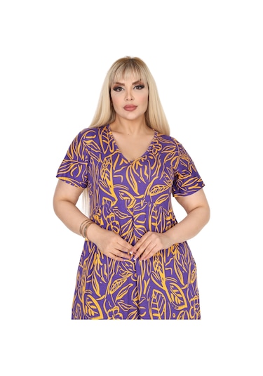 Melsay Butik Göğüsten Robalı V Yaka Kısa Kollu Mor Yaprak Desen Cepli Elbise Mor