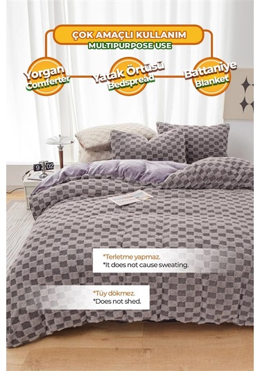 Evlen Home Çift Taraflı Kişilik Kürk Yorgan Uyku Seti Yumuşak Dolgulu Yatak Örtüsü 3 Parça Polo Antrasit