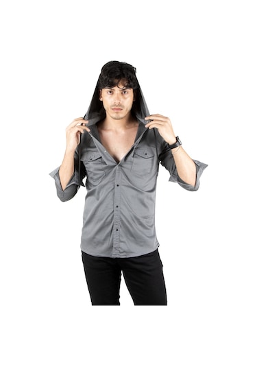 Deepsea Erkek Füme Kapüşonlu Slim Fit Dar Kesim Gömlek Likralı Pamuklu Likralı Kot Gömlek 2300396 Füme
