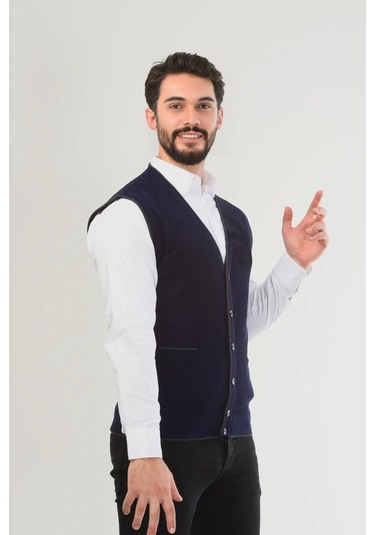 Kamalı Lacivert Erkek V Yaka Triko Düğmeli Cepli Çizgi Desenli Regular Fit Tüylenmeyen Örgü Yelek Lacivert
