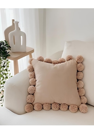 Mercansa Ponponlu Kahverengi Kırlent Kılıfı 40 X 40 Renkli