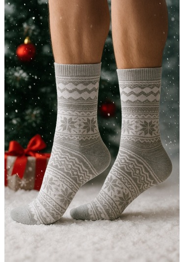 Plus Scorpion Erkek Yılbaşı Soket Çorap Pamuklu, Desenli, Sıcak Tutan Noel Temalı 40-45 Numara Gri