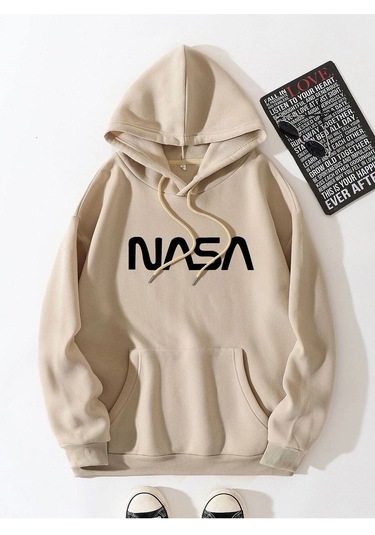 Startmore Kahverengi Unisex Kadın/erkek Nasa Renkli Baskılı Oversize Kapüşonlu