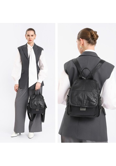 Yıkama Deri Sırt Askılı Kadın Çantası 21-k Barcelona 1908 Koyu Gri