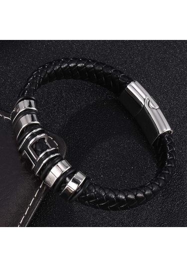 Vintage El Dokuması Çevre Dostu Deri Tokalı Bileklik Erkek Modası Dini Muska Takı Siyah