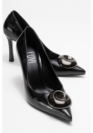 Jordana Siyah Baskı Platin Tokalı Kadın İnce Topuklu Ayakkabı Siyah