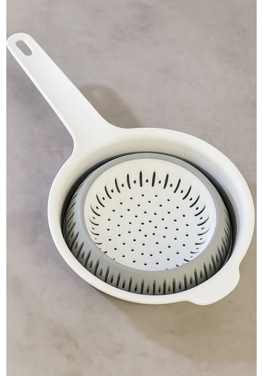 Yer Kaplamaz Katlanabilir Saplı Süzgeç - Akordiyon - Katlanır Süzgeç - Pirinç Meyve Yıkama Süzgeci Beyaz - Gri