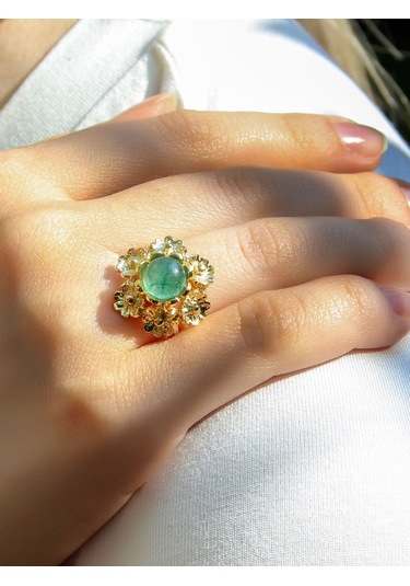 Esha Store Doğal Taş Yeşil Akik Doğal Taşlı Çiçek Model Telkari Kadın Ayarlanabilir Altın Kaplama Yüzük Euy61ya Yeşil