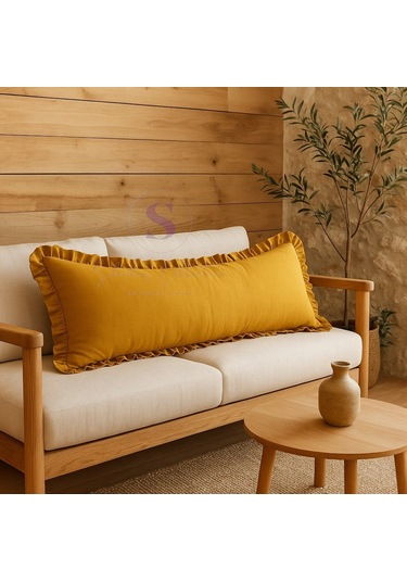 Fırfırlı Vintage Buldan Hardal Sarı Renk Iskandinav Uzun 40x100 Kırlent Yastık İçi Dolgulu Hardal Sarı
