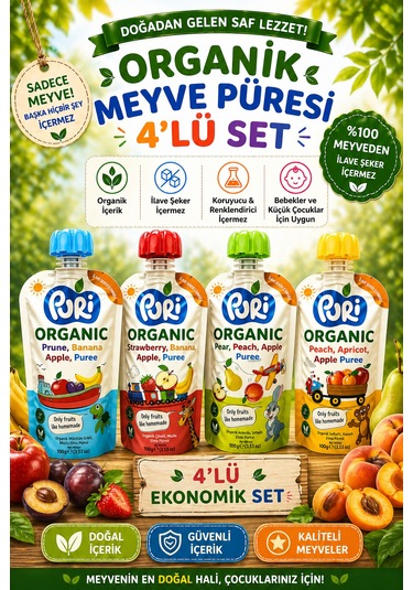Organic %100 Organik Meyve Püresi 100 G x 4 Karışık Aroma İlave Şekersiz 4'lü Set