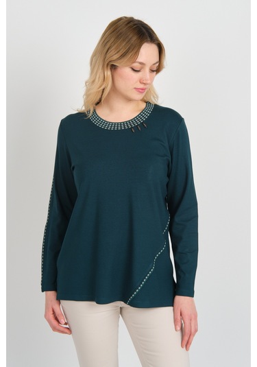 Detay Triko Kadın Yakası Ve Tek Kolu Desenli Taşlı Metal Aksesuarlı Anne Bluz 5714 Zümrüt Zümrüt