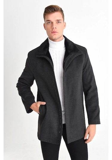 Erkek Antrasit Çift Yaka Kürklü Önü Fermuarlı Kaşe Kaban Antrasit