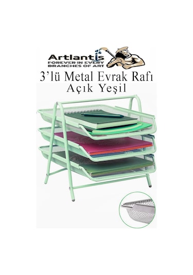 Metal Evrak Rafı 3 Lü 1 Paket Masa Üstü A4 Dosya Düzenleyici Kağıt Tepsisi Metal Fileli Üç Katlı Hareketli Perfore Açık Yeşil