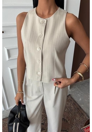 Yelek Plazzo Pantolon Çizgili Flamlı Poliviscon Takım 10178 Vi Zon