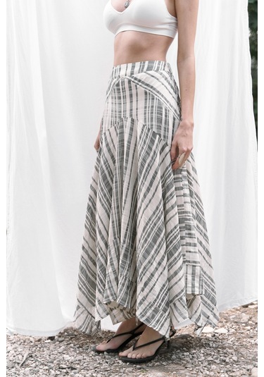 Peigi Çizgili Parçalı Siyah Midi Etek Siyah