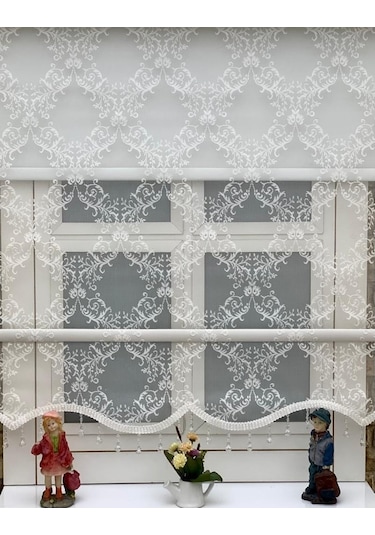 Ekru Renk Damaks Osmanlı Desen Çift Mekanızmalı Tül Stor Perde