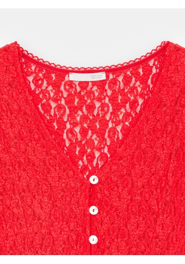 Dilvin 60433 Düğmeli Peplum Dantel Hırka-kırmızı