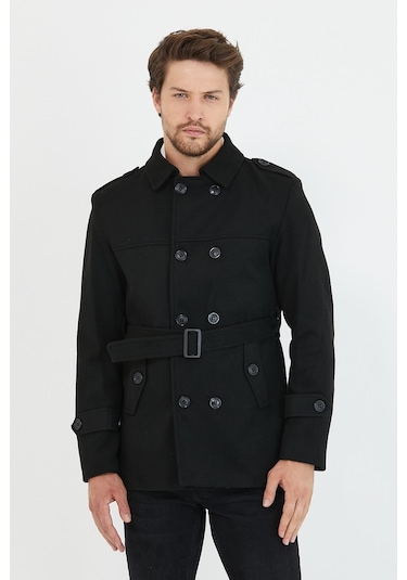 Erkek Siyah Kemerli Kaşe Kaban Trenç Model Siyah