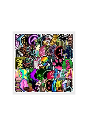 Cajuart 50 Adet Tekrarsız Neon Tarz Pvc Sticker Süs 010