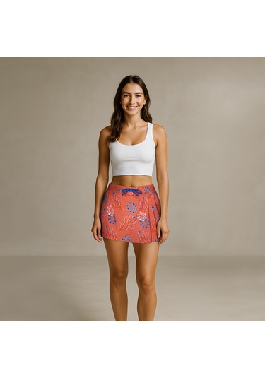 Anemoss Mercan Kadın Şort Etek Lastikli Bel, Bağcıklı, Pembe Desenli Yazlık Skort Çok Renkli