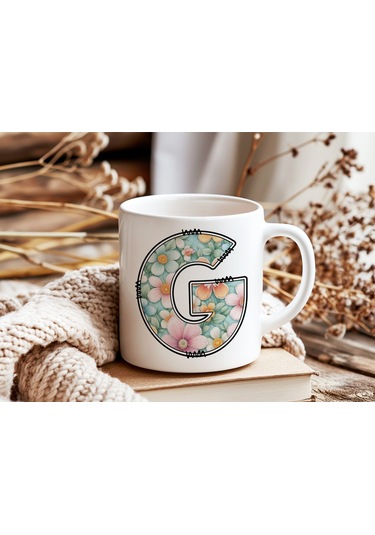 G Harfli Pastel Çiçek Desenli Kahve Kupası - Kişiye Özel Çiçekler Koleksiyonu Bardak - Hediye Beyaz