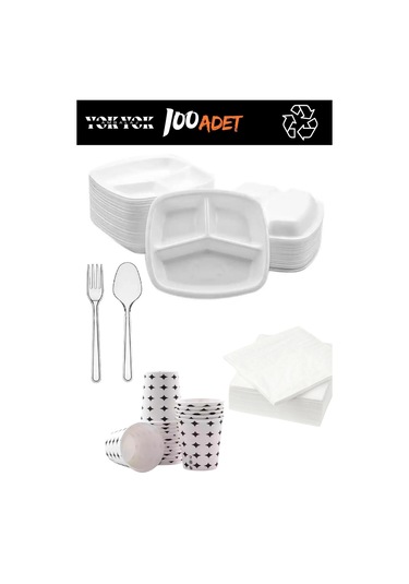 Lüx 3 Gözlü Köpük Tabldot Tabak Seti 100'lü / Tabak-bardak-çatal-peçete Çok Renkli