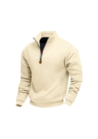 Edwardest Amerikan Tarzı Artı Kadife Sıcak Erkek Dik Yaka Uzun Kollu Yarım Fermuarlı Spor Gündelik Sweatshirt Kirli Beyaz