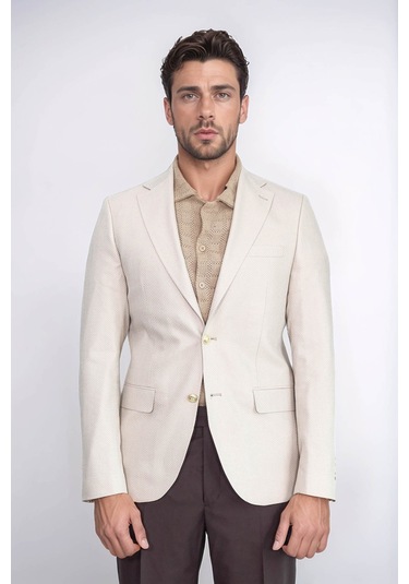 Bej Balıksırtı Desenli Gold Renk Metal Düğmeli Slim Fit Erkek Blazer Ceket - Wessi Cream