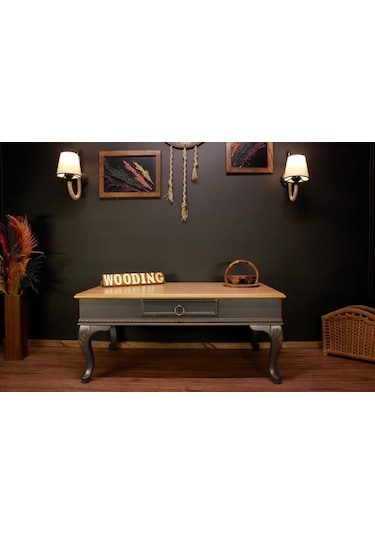 Wooding 120 Cm Masif Naturel Antrasit Oymalı Orta Sehpa