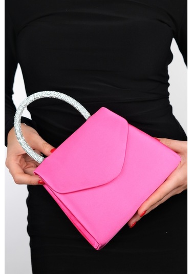 Luvishoes Monako Fuşya Saten Taşlı Kadın El Çantası Çok Renkli