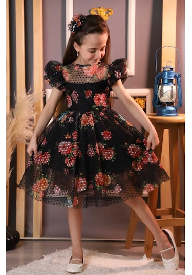 Kız Çocuk Siyah Çiçekli Tokalı Abiye Özel Gün Doğum Günü Mezuniyet Prenses Tütülü Elbise Siyah