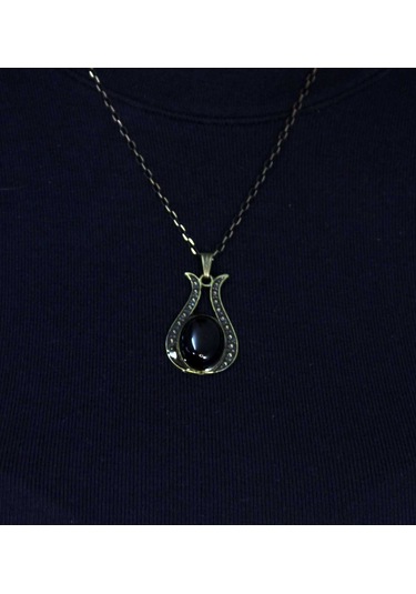 Doğal Taş Oniks Doğal Taşlı Lale Modelli Antik Kadın Kolye Euk44o Siyah